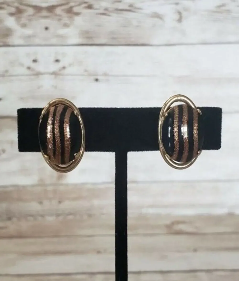 Vintage Screw On Earrings - Black with Glitter Lines